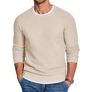 imageCOOFANDY Mens Crewneck Sweater Slim Fit Lightweight Knit Pullover Casual Dress Crew Neck Pullover SweatersLight Khaki
