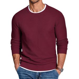 imageCOOFANDY Mens Crewneck Sweater Slim Fit Lightweight Knit Pullover Casual Dress Crew Neck Pullover SweatersWine Red