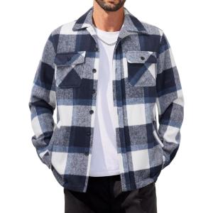 imageCOOFANDY Mens Flannel Jacket Long Sleeve Plaid Shirt Jackets Button Down Fleece Shacket Casual Fall Soft OutwearNavy Block