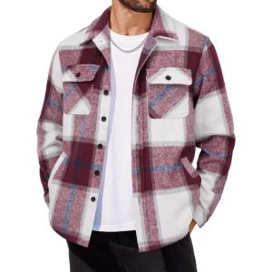 imageCOOFANDY Mens Flannel Jacket Long Sleeve Plaid Shirt Jackets Button Down Fleece Shacket Casual Fall Soft OutwearWine Red Block