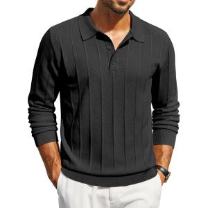 imageCOOFANDY Mens Knit Polo Long Sleeve Polos Sweater Causal Collared Golf Sweaters Fashion Business Dress PulloverAblack