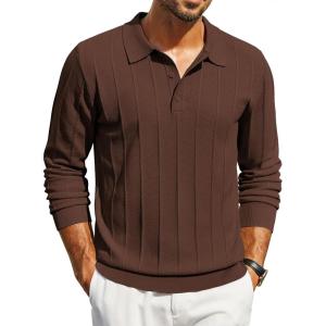 imageCOOFANDY Mens Knit Polo Long Sleeve Polos Sweater Causal Collared Golf Sweaters Fashion Business Dress PulloverBrown