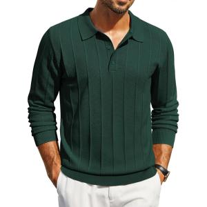 imageCOOFANDY Mens Knit Polo Long Sleeve Polos Sweater Causal Collared Golf Sweaters Fashion Business Dress PulloverGreen