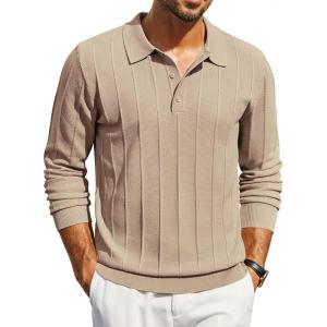 imageCOOFANDY Mens Knit Polo Long Sleeve Polos Sweater Causal Collared Golf Sweaters Fashion Business Dress PulloverKhaki