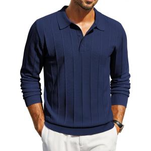 imageCOOFANDY Mens Knit Polo Long Sleeve Polos Sweater Causal Collared Golf Sweaters Fashion Business Dress PulloverNavy Blue