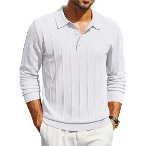 imageCOOFANDY Mens Knit Polo Long Sleeve Polos Sweater Causal Collared Golf Sweaters Fashion Business Dress PulloverWhite