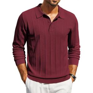 imageCOOFANDY Mens Knit Polo Long Sleeve Polos Sweater Causal Collared Golf Sweaters Fashion Business Dress PulloverWine Red