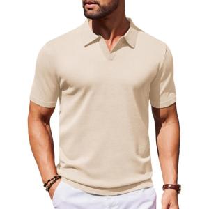 imageCOOFANDY Mens Knit Polo Shirts V Neck Short Sleeve Stretch Polo T Shirt Casual Golf ShirtsChampagne