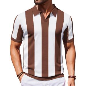 imageCOOFANDY Mens Knit Polo Shirts V Neck Short Sleeve Stretch Polo T Shirt Casual Golf ShirtsCoffee  White Stripes