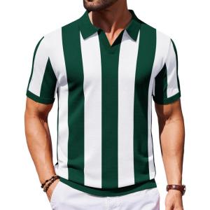 imageCOOFANDY Mens Knit Polo Shirts V Neck Short Sleeve Stretch Polo T Shirt Casual Golf ShirtsGreen  White Stripes