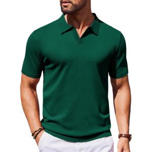 imageCOOFANDY Mens Knit Polo Shirts V Neck Short Sleeve Stretch Polo T Shirt Casual Golf ShirtsGreen