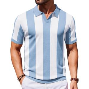 imageCOOFANDY Mens Knit Polo Shirts V Neck Short Sleeve Stretch Polo T Shirt Casual Golf ShirtsLight Blue  White Stripes