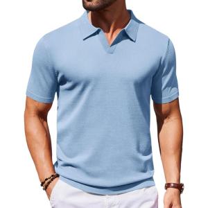 imageCOOFANDY Mens Knit Polo Shirts V Neck Short Sleeve Stretch Polo T Shirt Casual Golf ShirtsLight Blue