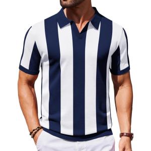 imageCOOFANDY Mens Knit Polo Shirts V Neck Short Sleeve Stretch Polo T Shirt Casual Golf ShirtsNavy Blue  White Stripes