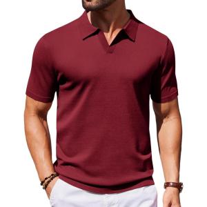 imageCOOFANDY Mens Knit Polo Shirts V Neck Short Sleeve Stretch Polo T Shirt Casual Golf ShirtsWine Red