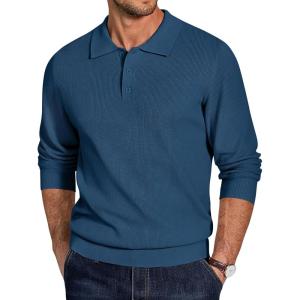 imageCOOFANDY Mens Knit Polo Sweater Long Sleeve Polo Sweaters Casual Knitted Button Collar Pullover SweaterBlue