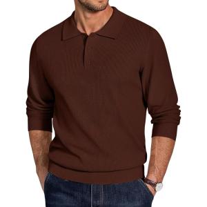 imageCOOFANDY Mens Knit Polo Sweater Long Sleeve Polo Sweaters Casual Knitted Button Collar Pullover SweaterBrown