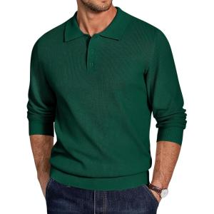imageCOOFANDY Mens Knit Polo Sweater Long Sleeve Polo Sweaters Casual Knitted Button Collar Pullover SweaterDark Green