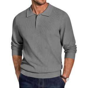 imageCOOFANDY Mens Knit Polo Sweater Long Sleeve Polo Sweaters Casual Knitted Button Collar Pullover SweaterDark Grey