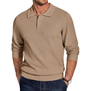 imageCOOFANDY Mens Knit Polo Sweater Long Sleeve Polo Sweaters Casual Knitted Button Collar Pullover SweaterDark Khaki