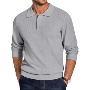 imageCOOFANDY Mens Knit Polo Sweater Long Sleeve Polo Sweaters Casual Knitted Button Collar Pullover SweaterLight Grey