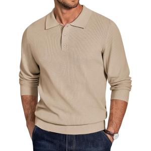 imageCOOFANDY Mens Knit Polo Sweater Long Sleeve Polo Sweaters Casual Knitted Button Collar Pullover SweaterLight Khaki
