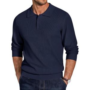 imageCOOFANDY Mens Knit Polo Sweater Long Sleeve Polo Sweaters Casual Knitted Button Collar Pullover SweaterNavy Blue