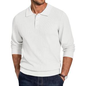 imageCOOFANDY Mens Knit Polo Sweater Long Sleeve Polo Sweaters Casual Knitted Button Collar Pullover SweaterWhite