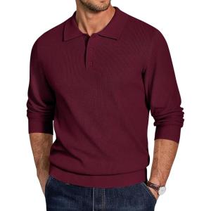 imageCOOFANDY Mens Knit Polo Sweater Long Sleeve Polo Sweaters Casual Knitted Button Collar Pullover SweaterWine Red