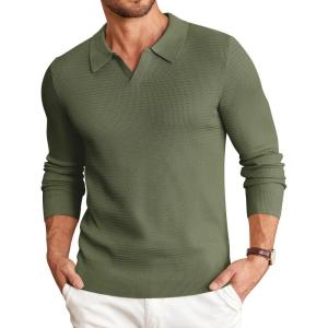 imageCOOFANDY Mens Knit Polo Sweater VNeck Long Sleeve Textured Lightweight Casual Dress Pullover Fall SweatersArmy Green