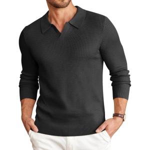imageCOOFANDY Mens Knit Polo Sweater VNeck Long Sleeve Textured Lightweight Casual Dress Pullover Fall SweatersBlack