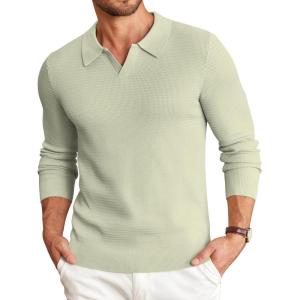 imageCOOFANDY Mens Knit Polo Sweater VNeck Long Sleeve Textured Lightweight Casual Dress Pullover Fall SweatersCeladon