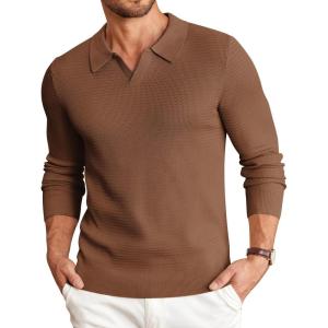 imageCOOFANDY Mens Knit Polo Sweater VNeck Long Sleeve Textured Lightweight Casual Dress Pullover Fall SweatersCoffee