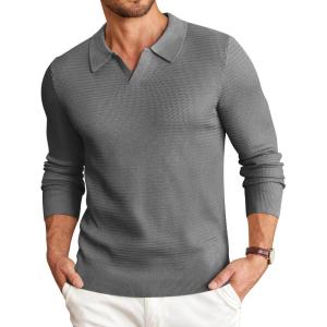 imageCOOFANDY Mens Knit Polo Sweater VNeck Long Sleeve Textured Lightweight Casual Dress Pullover Fall SweatersDark Grey