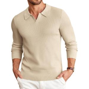 imageCOOFANDY Mens Knit Polo Sweater VNeck Long Sleeve Textured Lightweight Casual Dress Pullover Fall SweatersKhaki