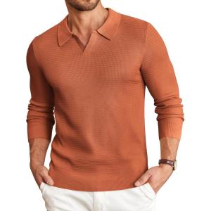 imageCOOFANDY Mens Knit Polo Sweater VNeck Long Sleeve Textured Lightweight Casual Dress Pullover Fall SweatersLight Brown