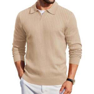 imageCOOFANDY Mens Knit Polos Long Sleeve Casual Sweater Polos V Neck Collared Sweater Golf Polo Sweaters and PulloversApricot