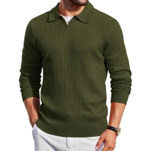 imageCOOFANDY Mens Knit Polos Long Sleeve Casual Sweater Polos V Neck Collared Sweater Golf Polo Sweaters and PulloversArmy Green