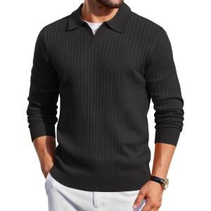 imageCOOFANDY Mens Knit Polos Long Sleeve Casual Sweater Polos V Neck Collared Sweater Golf Polo Sweaters and PulloversBlack