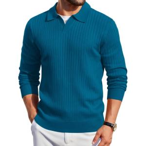 imageCOOFANDY Mens Knit Polos Long Sleeve Casual Sweater Polos V Neck Collared Sweater Golf Polo Sweaters and PulloversBlue