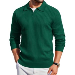 imageCOOFANDY Mens Knit Polos Long Sleeve Casual Sweater Polos V Neck Collared Sweater Golf Polo Sweaters and PulloversDark Green