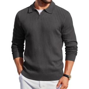 imageCOOFANDY Mens Knit Polos Long Sleeve Casual Sweater Polos V Neck Collared Sweater Golf Polo Sweaters and PulloversDark Grey