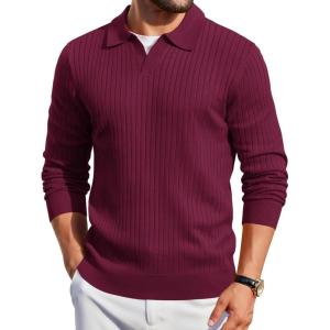 imageCOOFANDY Mens Knit Polos Long Sleeve Casual Sweater Polos V Neck Collared Sweater Golf Polo Sweaters and PulloversDark Red