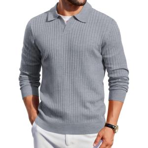 imageCOOFANDY Mens Knit Polos Long Sleeve Casual Sweater Polos V Neck Collared Sweater Golf Polo Sweaters and PulloversLight Grey