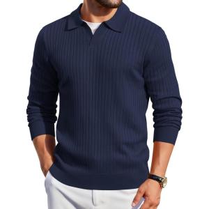 imageCOOFANDY Mens Knit Polos Long Sleeve Casual Sweater Polos V Neck Collared Sweater Golf Polo Sweaters and PulloversNavy Blue