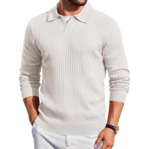 imageCOOFANDY Mens Knit Polos Long Sleeve Casual Sweater Polos V Neck Collared Sweater Golf Polo Sweaters and PulloversWhite