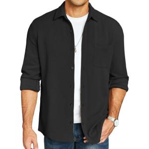 imageCOOFANDY Mens Lightweight Shirt Shacket Long Sleeve Textured Button Down Shirts Casual JacketBlack