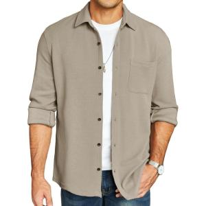imageCOOFANDY Mens Lightweight Shirt Shacket Long Sleeve Textured Button Down Shirts Casual JacketKhaki
