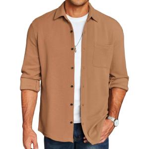 imageCOOFANDY Mens Lightweight Shirt Shacket Long Sleeve Textured Button Down Shirts Casual JacketLight Brown