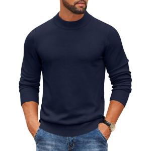 imageCOOFANDY Mens Mock Turtleneck Ribbed Knit Pullover Sweater Casual Lightweight Slim fit Dress SweaterDark Navy Blue